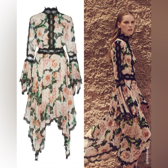 Floral Lace asymmetrical trim Silk Dress sz Small Pink Black - Picture 3 of 12